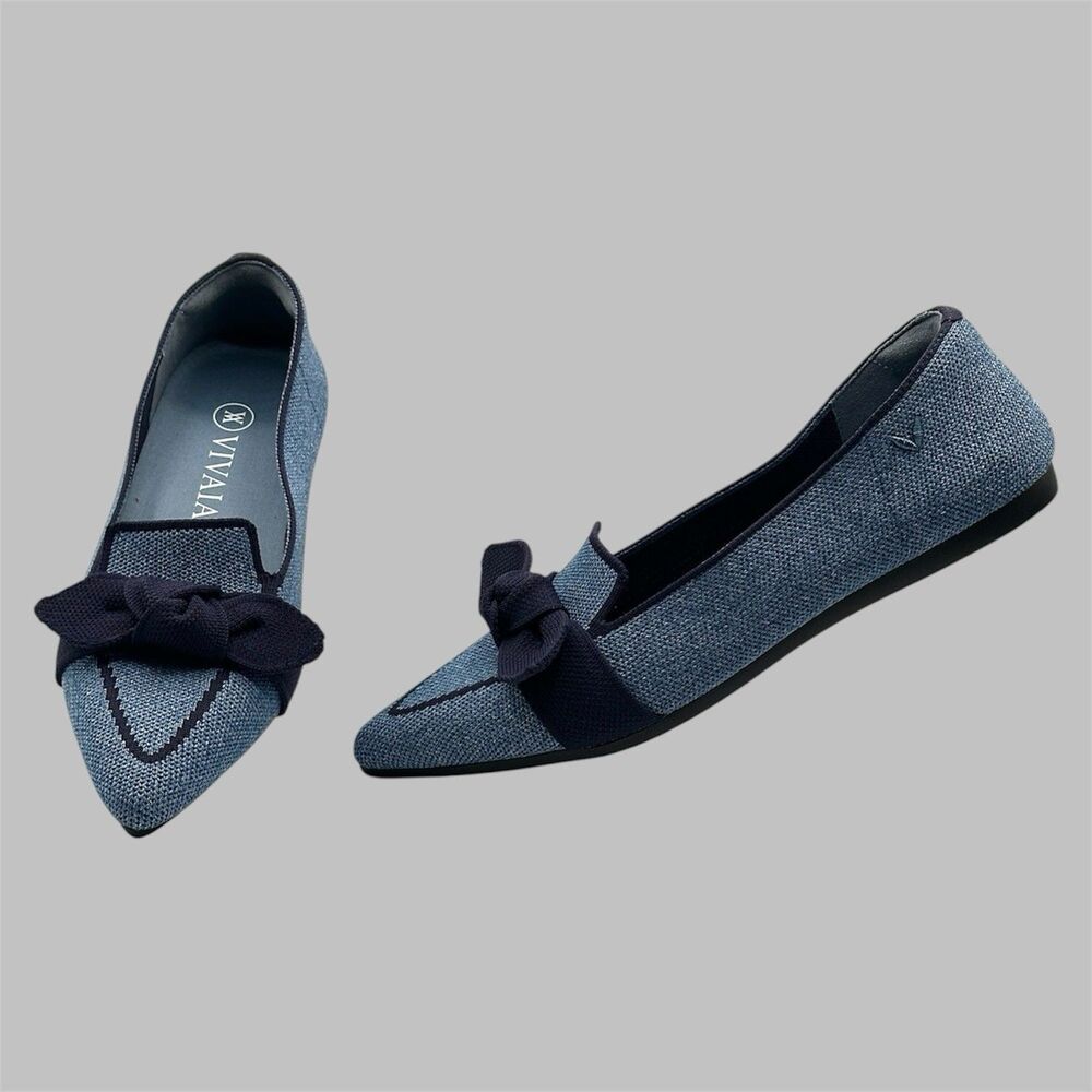 VIVAIA Michelle 2.0 Chic Pointed Toe Bow Loafers Denim Blue Chambray Flats EU 36 - Picture 1 of 10